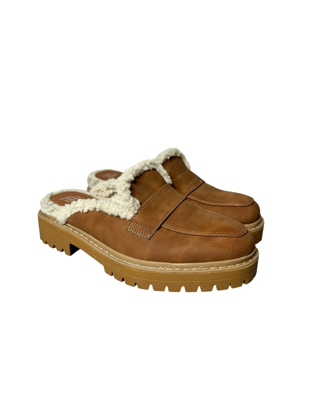 Time and Tru Faux Sherpa Mule Slides Brown Chunky Lug Sole Size 7